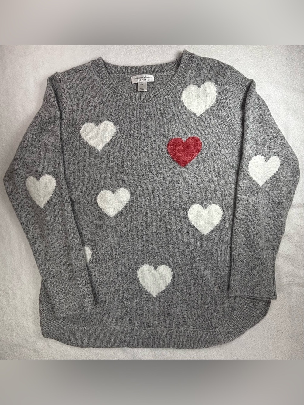 Christopher & Banks Petite P/Xl Gray Knit Sweater with White Hearts Long Sleeve